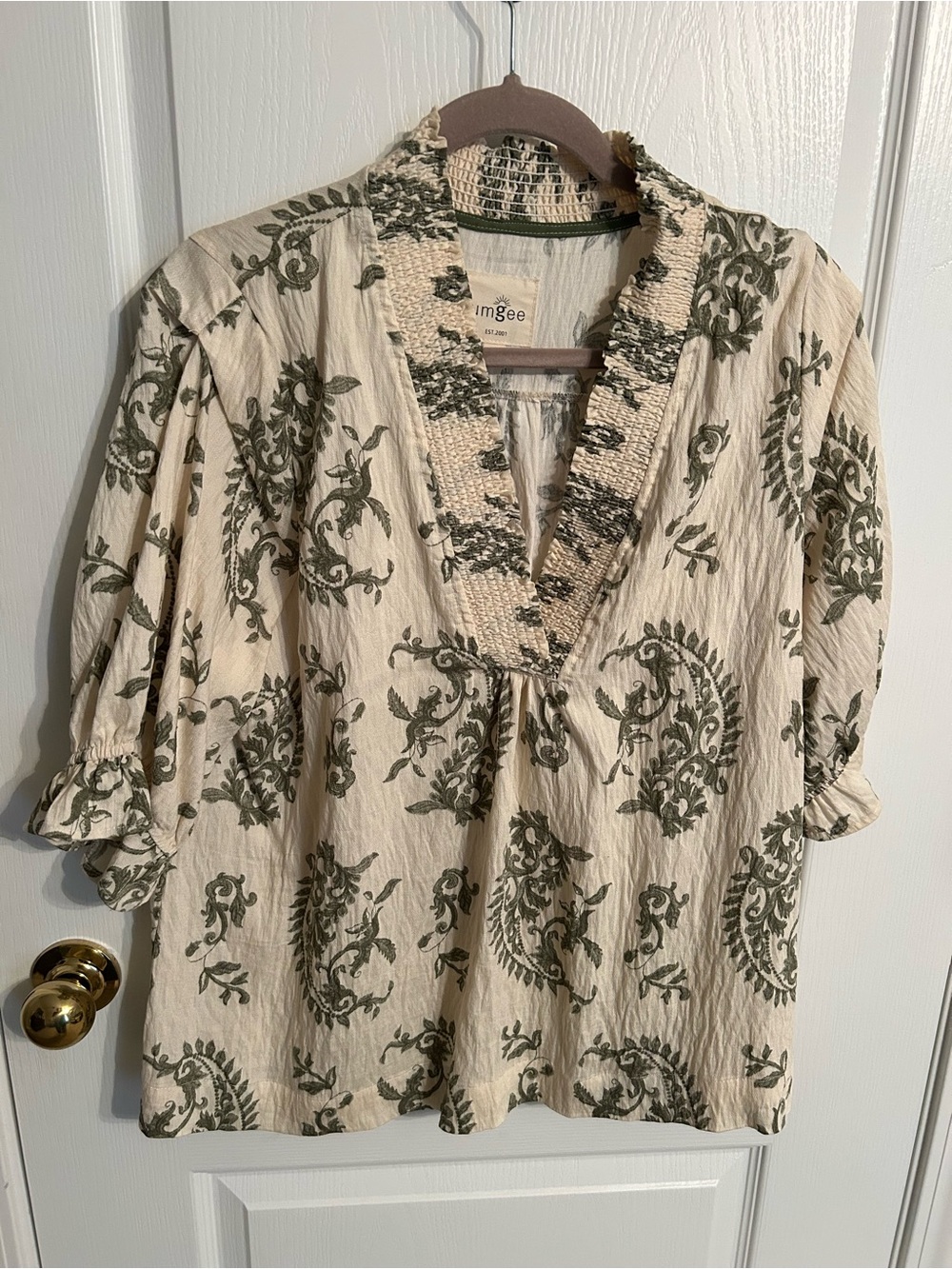 Umgee Cream Blouse with Olive Green Botanical Print